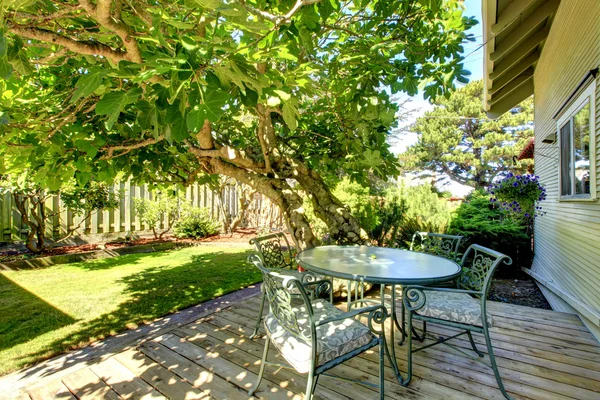 Terrasse arrière avec jeu de table et grand arbre — Photo