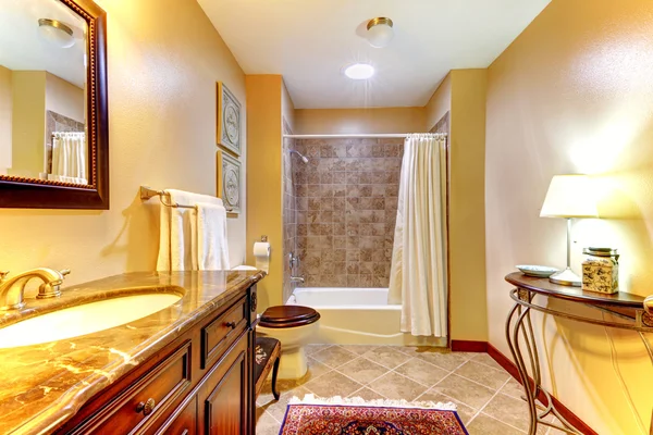 Ванная комната с коричневой керамической плиткой — стоковое фото