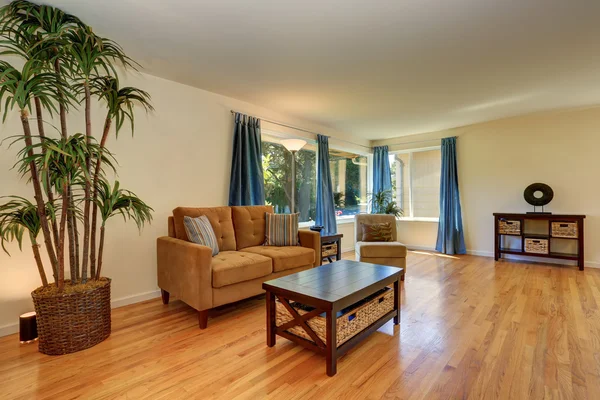 Sala de estar agradável em cores azul e marrom com piso de madeira . — Fotografia de Stock