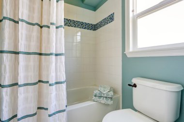White and blue bathroom interior with mosaic tile trim