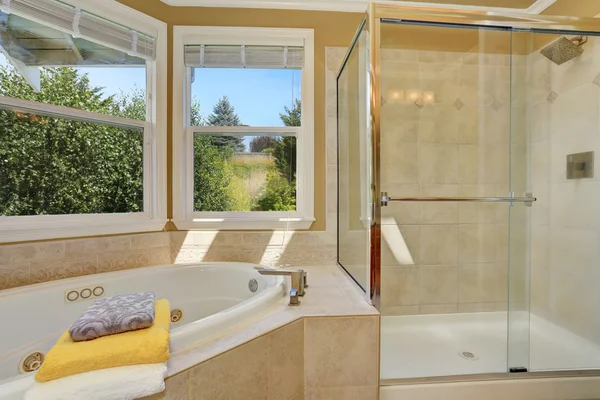 Interior kamar mandi mewah dengan warna krem hangat — Stok Foto