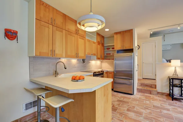 Licht bruin keuken interieur met stalen apparaten — Stockfoto