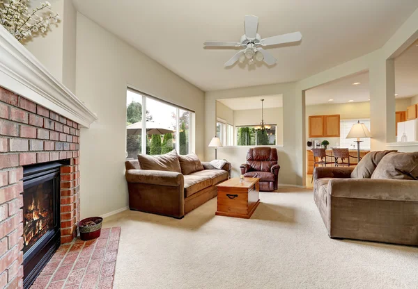 Ruang keluarga yang nyaman dan elegan dengan pemandangan halaman belakang — Stok Foto