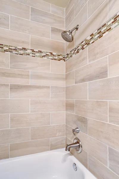 Bathroom interior design. View of open shower with tile wall trim. — Stock Photo, Image