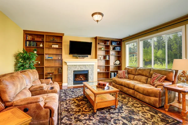 Luxury living room with book case and sofa set. — Stock Photo, Image