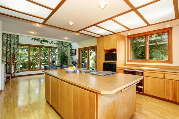 Wnętrze pokoju kuchennego z drewnianymi szafkami, wyspą i drewnianą podłogą — Zdjęcie stockowe
