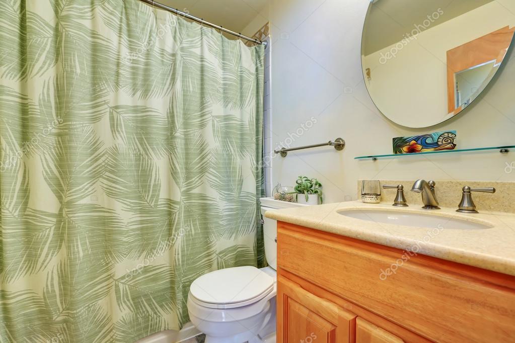 Bathroom Interior With Vanity Cabinet Toilet And Shower Curtain