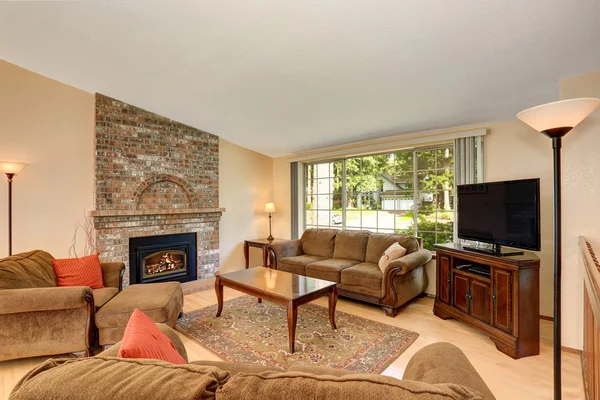 Interior acolhedor da sala de estar com aparelho de tv, lareira de tijolo e tapete . — Fotografia de Stock