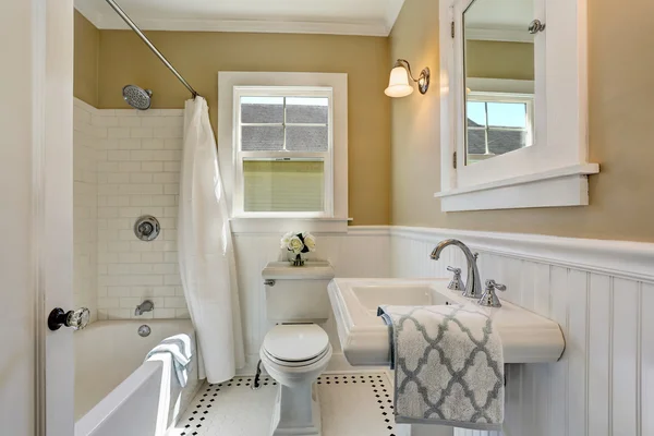 American bathroom interior in white tones and tile floor. — Stock Photo, Image