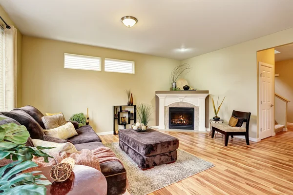 Interiér útulného obývacího pokoje s krbem a podlahou tvrdého dřeva. — Stock fotografie