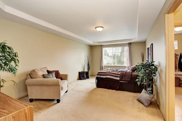 Interior del dormitorio con suelo de alfombra, sillón y ropa de cama marrón — Foto de Stock