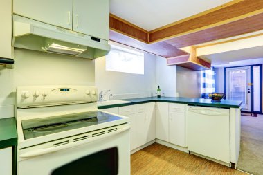 White basement kitchen room with green counter tops