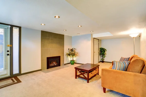 Basement living room interior with fireplace and couch — Stock Photo, Image