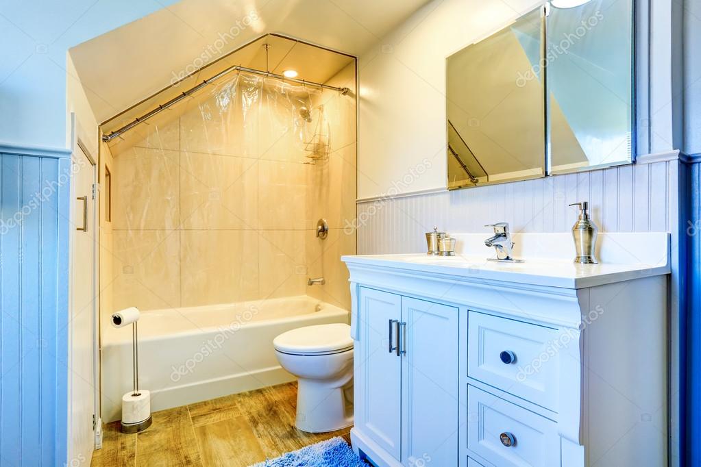 White Bathroom With Shower And Vaulted Ceiling Stock Photo