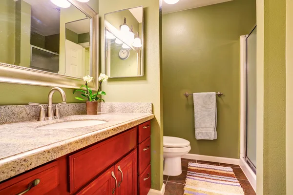 Belle salle de bain intérieure avec armoire moderne et murs verts — Photo