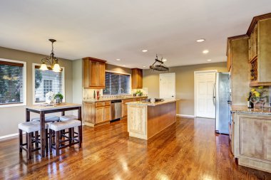 Açık kat planı. Ada ve granit tezgahı ile mutfak odası iç.