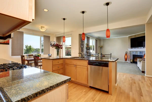 Open floor plan. Kitchen room interior with granite counter top