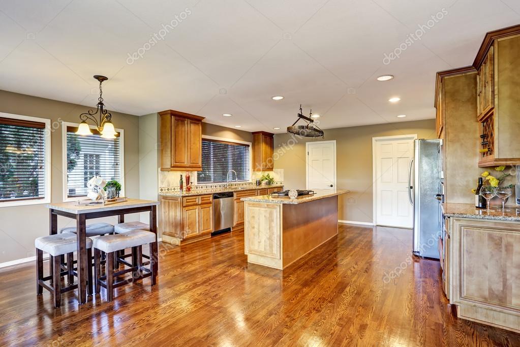 open floor plan kitchen room interior with island and granite