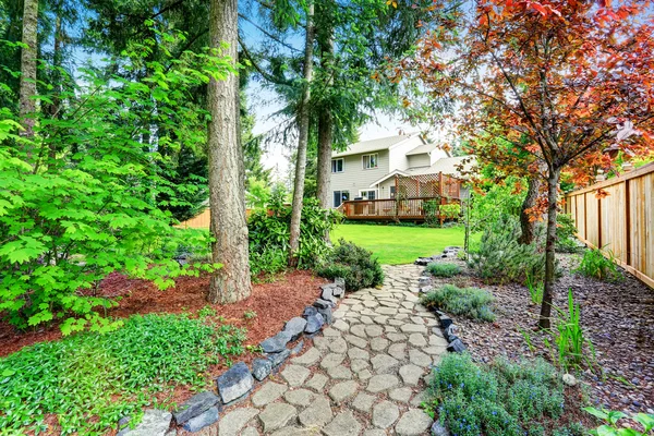 Fenced back yard with well kept garden.