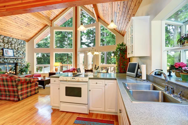 Klassieke Amerikaanse witte keuken interieur met granieten teller naar — Stockfoto