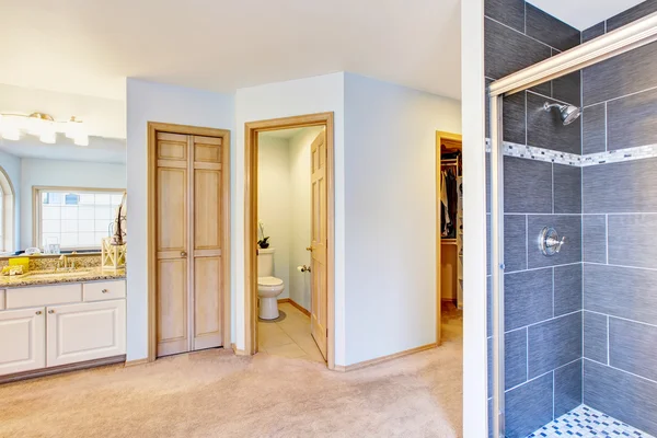 Spacious bathroom interior in light tones with vanity cabinet — Stock Photo, Image