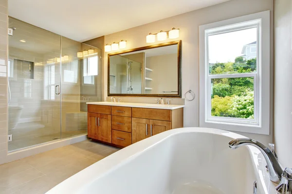 Banheiro com armário de vaidade e área de chuveiro com portas de vidro — Fotografia de Stock
