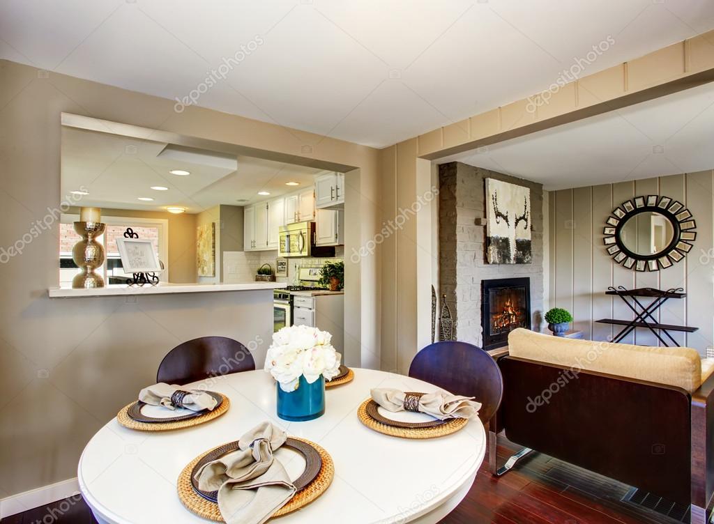 Dining Area With Big Window And Serving Table Set Stock
