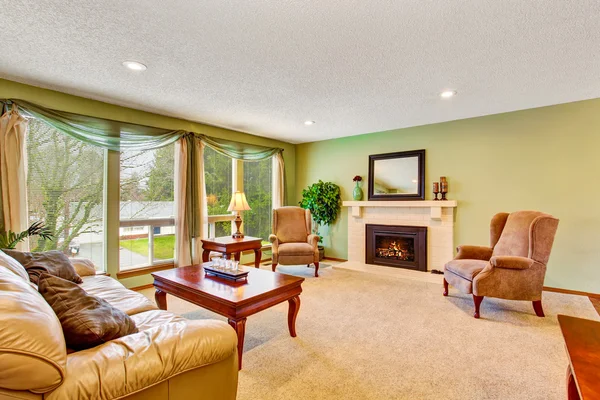Piso aberto plano sala de estar interior com paredes verdes . — Fotografia de Stock