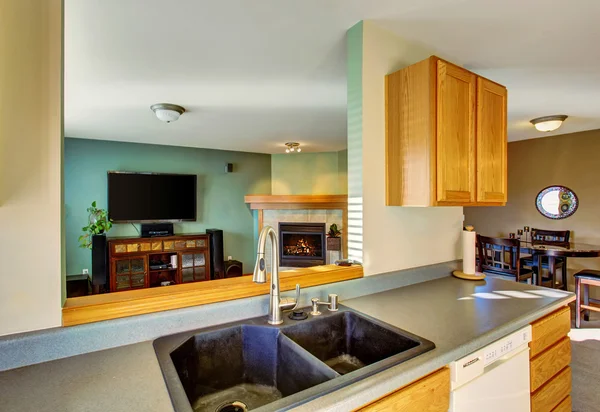 Moderno salón interior en tonos verdes. Vista desde el área de cocina . — Foto de Stock