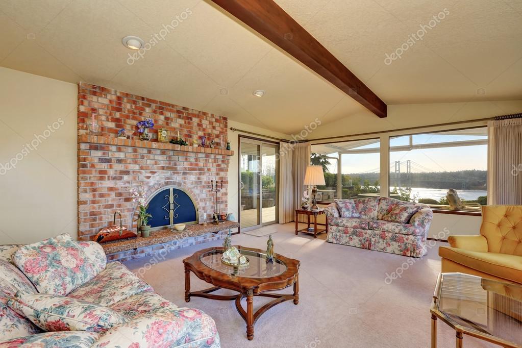 Luxury Interior Of Living Room With Vaulted Ceiling Stock