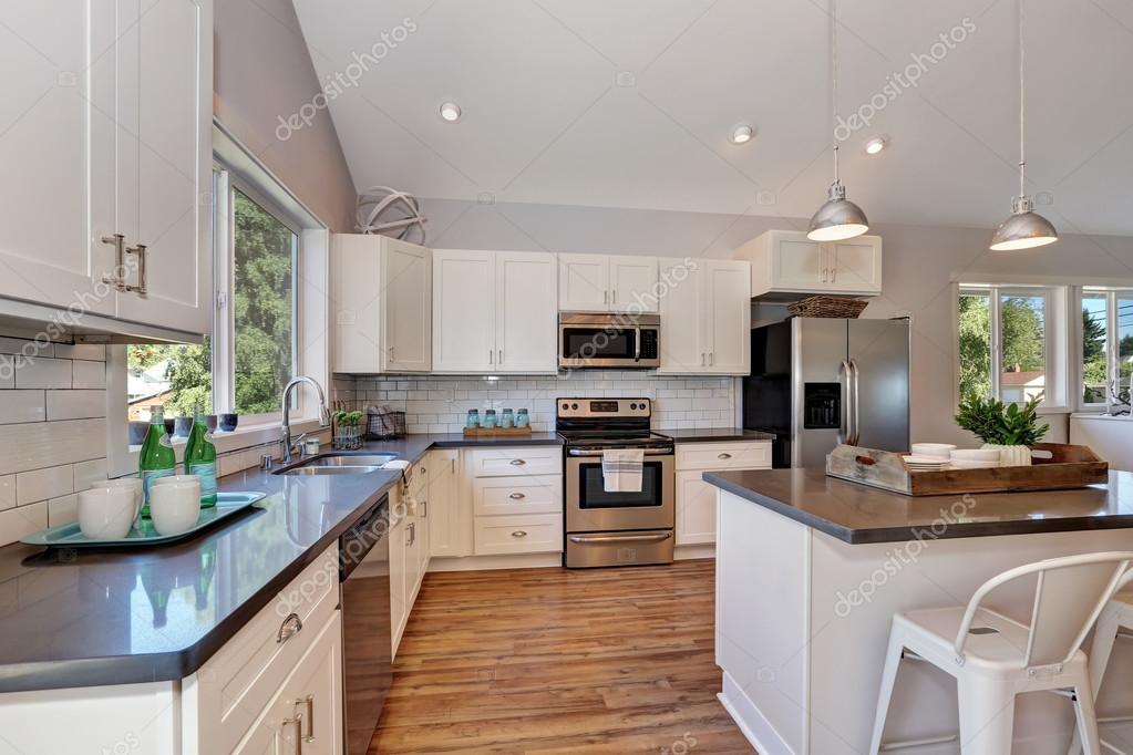 Interior Of Kitchen Room With High Vaulted Ceiling Stock