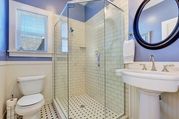 Beautiful lavender bathroom with glass screened shower — Stock Photo, Image