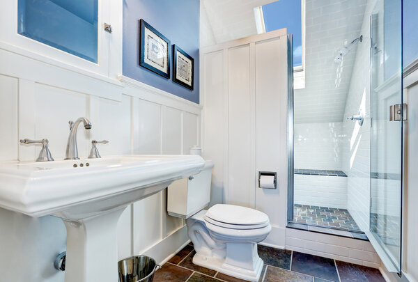 Refreshing blue bathroom design with stone tile floor