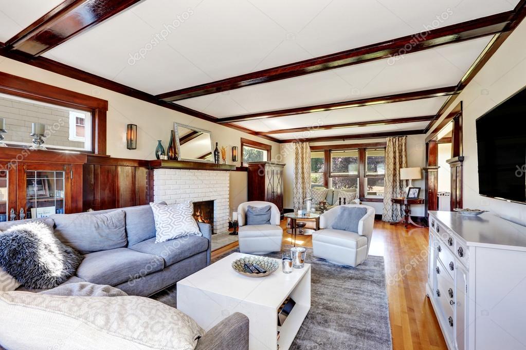 American Luxurious Living Room Interior In Grey And Brown