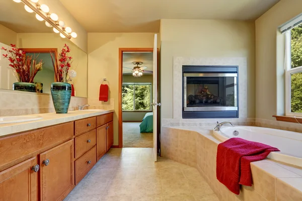 Master bathroom with fireplace, large vanity cabinet — Stock Photo, Image