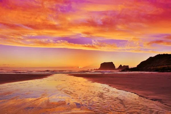 Homokos tengerparton naplementekor, Westport, Új-Zéland. — Stock Fotó