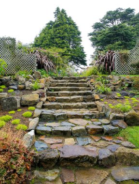 Dunedin, Yeni Zelanda - Hazi 10, 2015: taş Castle Larnach huzurlu bir bahçe içinde adımlar.