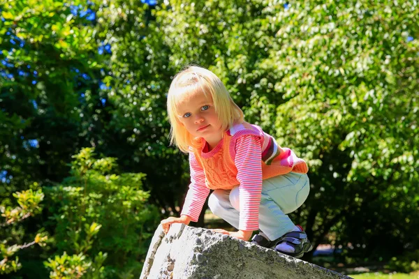 Liebenswertes Kind klettert Steinmauer. christchurch botanischer Garten. — Stockfoto