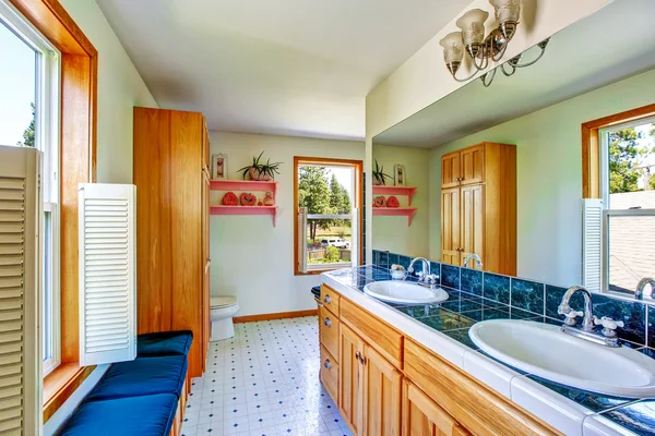 Elegante bagno interno con piano in piastrelle blu e due lavandini — Foto Stock