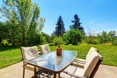 Arka bahçede ağaçlar ve çalılar ile Bahçe bakımlı. Veranda tablo kümesinden görüntülemek.