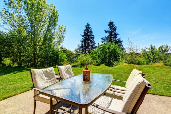 Achtertuin goed onderhouden tuin met bomen en struiken. Uitzicht vanaf terras tabel instellen. — Stockfoto