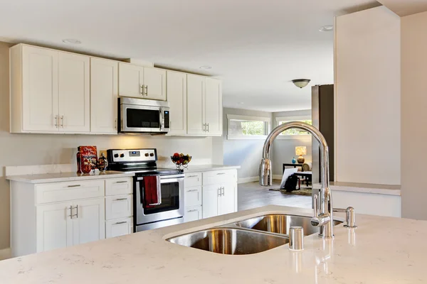 Luminosa sala de cocina con electrodomésticos de acero y tapas de granito —  Fotos de Stock