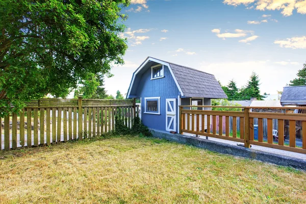 Home garden on backyard with small blue barn shed and wooden fence — Stock Photo, Image