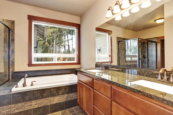 Salle de bain de luxe avec meuble lavabo avec comptoir en granit et grand miroir . — Photo