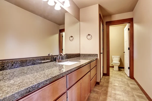 Salle de bain de luxe avec meuble lavabo avec comptoir en granit et grand miroir . — Photo