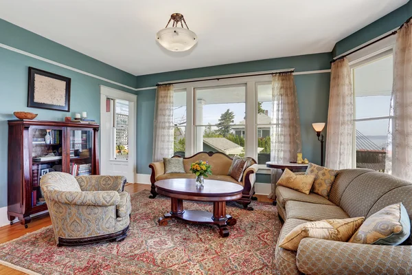 Traditional living room interior in blue and white tones. Also many windows — Stock Photo, Image