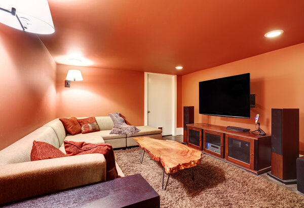 Living room interior  in colar tone walls, carpet floor and wooden furniture