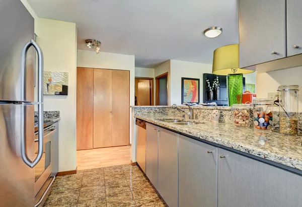 Moderní kuchyňský pokoj s modrými skříňkami a žulovým pultem — Stock fotografie