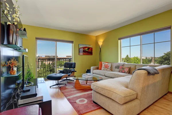 Modern living room interior with light green walls — Stock Photo, Image