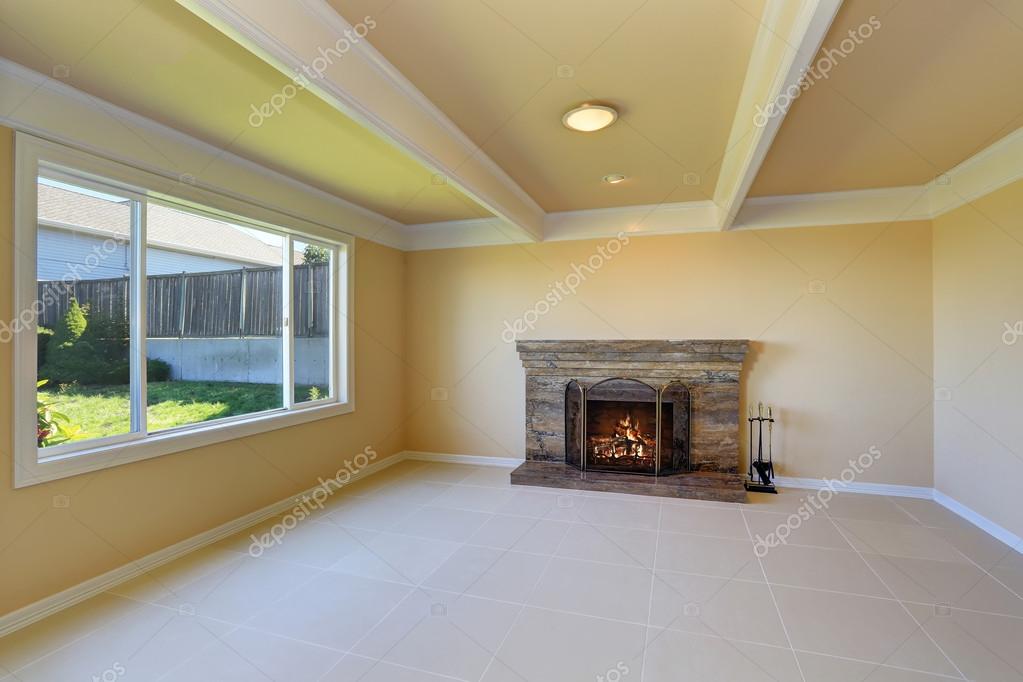Empty Living Room Interior With Tile, Brick Fireplace Tile Floor